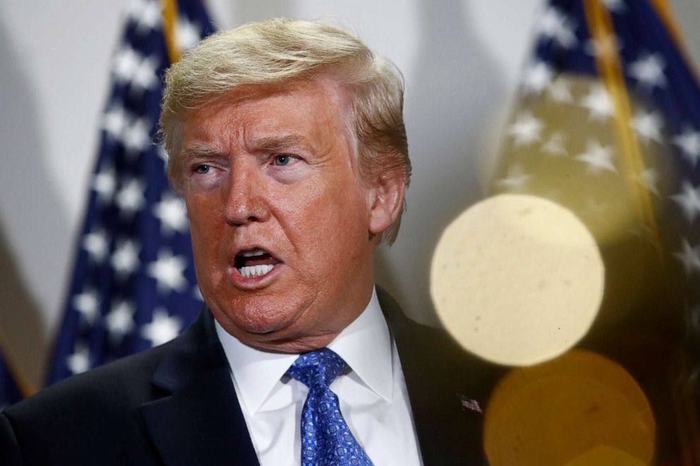 PHOTO: In this May 19, 2020, photo President Donald Trump speaks with reporters after meeting with Senate Republicans at their weekly luncheon on Capitol Hill in Washington. 