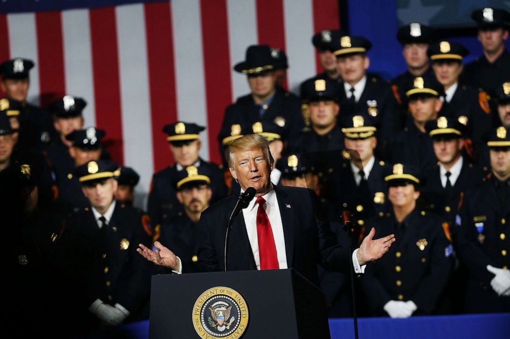 PHOTO: President Donald Trump speaks about MS-13 at Suffolk Community College on July 28, 2017, in Brentwood, N.Y.