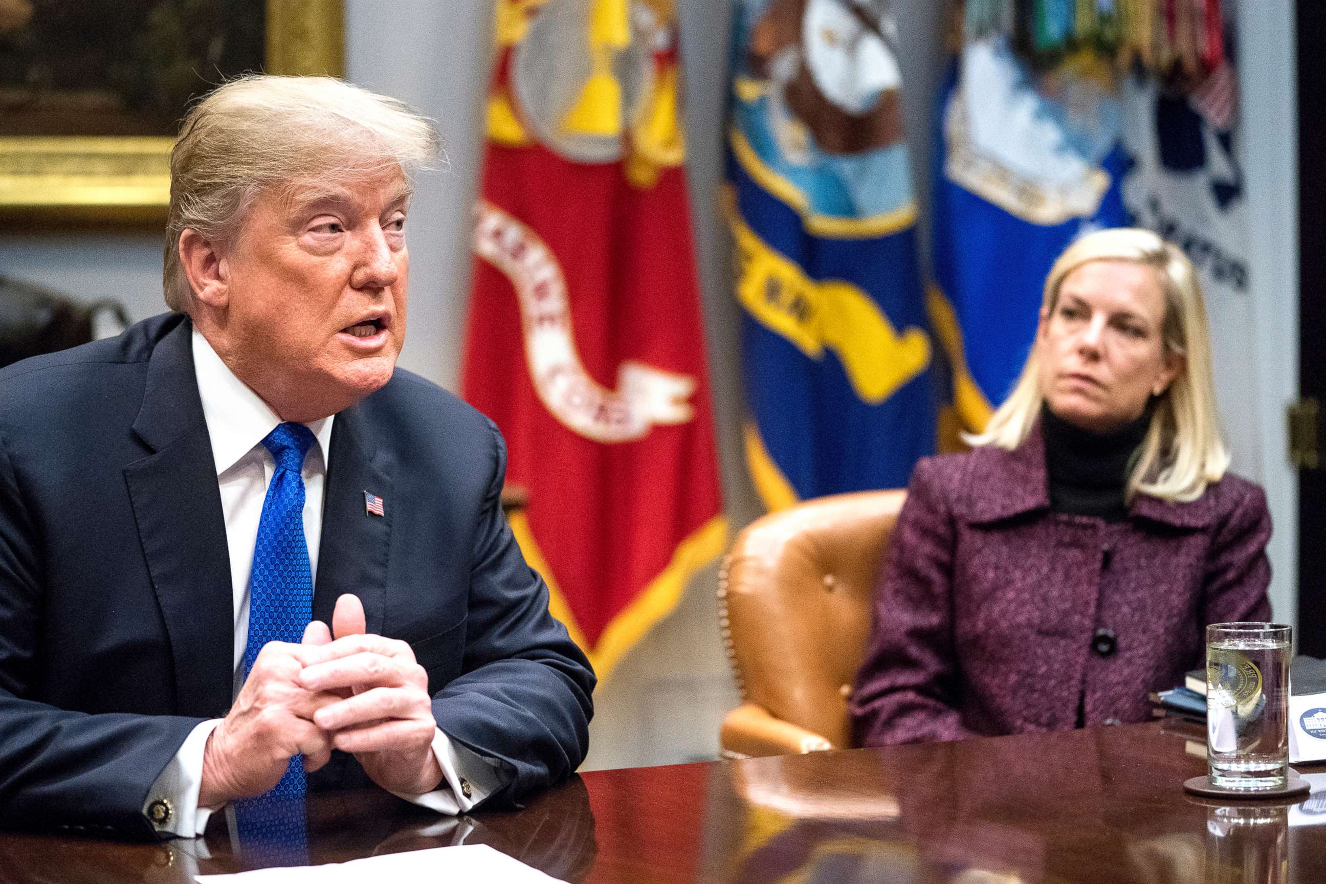 PHOTO: President Donald Trump, accompanied by Secretary of Homeland Security Kirstjen Nielsen, speaks during a meeting with Republican Senators on immigration in the Roosevelt Room at the White House, Jan. 4, 2018.