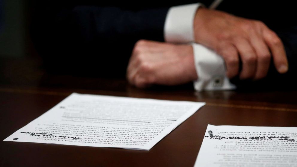 PHOTO: President Donald Trump's prepared remarks show his own handwritten note "There was no collusion" at the start of a meeting with members of the U.S. Congress at the White House in Washington, July 17, 2018.