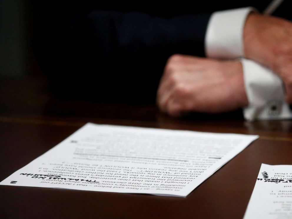  PHOTO: President Donald Trumps prepared remarks showing his own handwritten note There was no collusion at the beginning of a meeting with US Congressmen at the White House in Washington, DC July 17, 2018. 