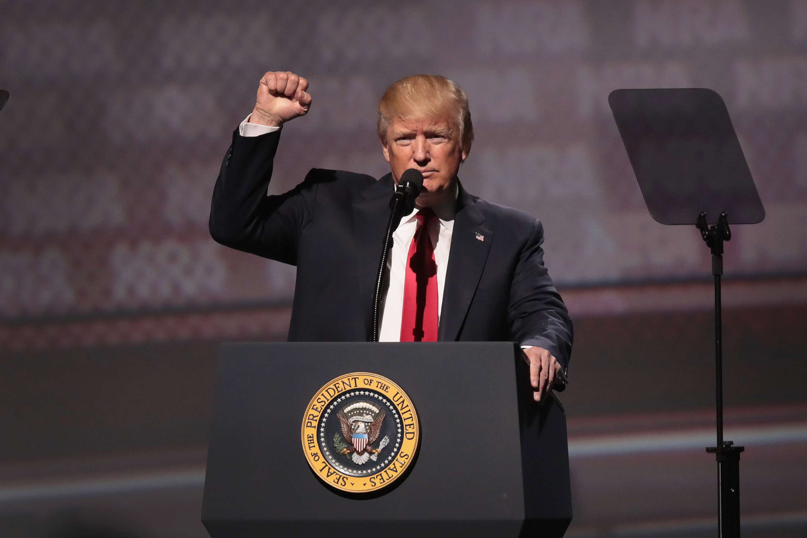 PHOTO: President Donald Trump speaks at the NRA-ILA's Leadership Forum at the 146th NRA Annual Meetings & Exhibits, April 28, 2017 in Atlanta. 