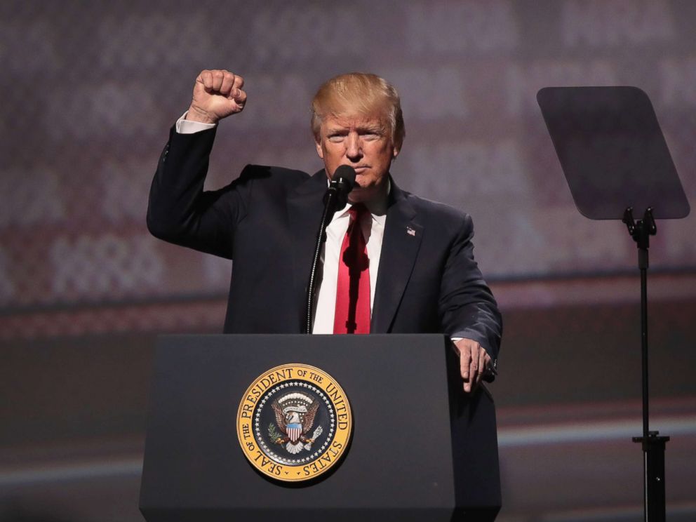 PHOTO: President Donald Trump speaks at the NRA-ILAs Leadership Forum at the 146th NRA Annual Meetings & Exhibits, April 28, 2017 in Atlanta.