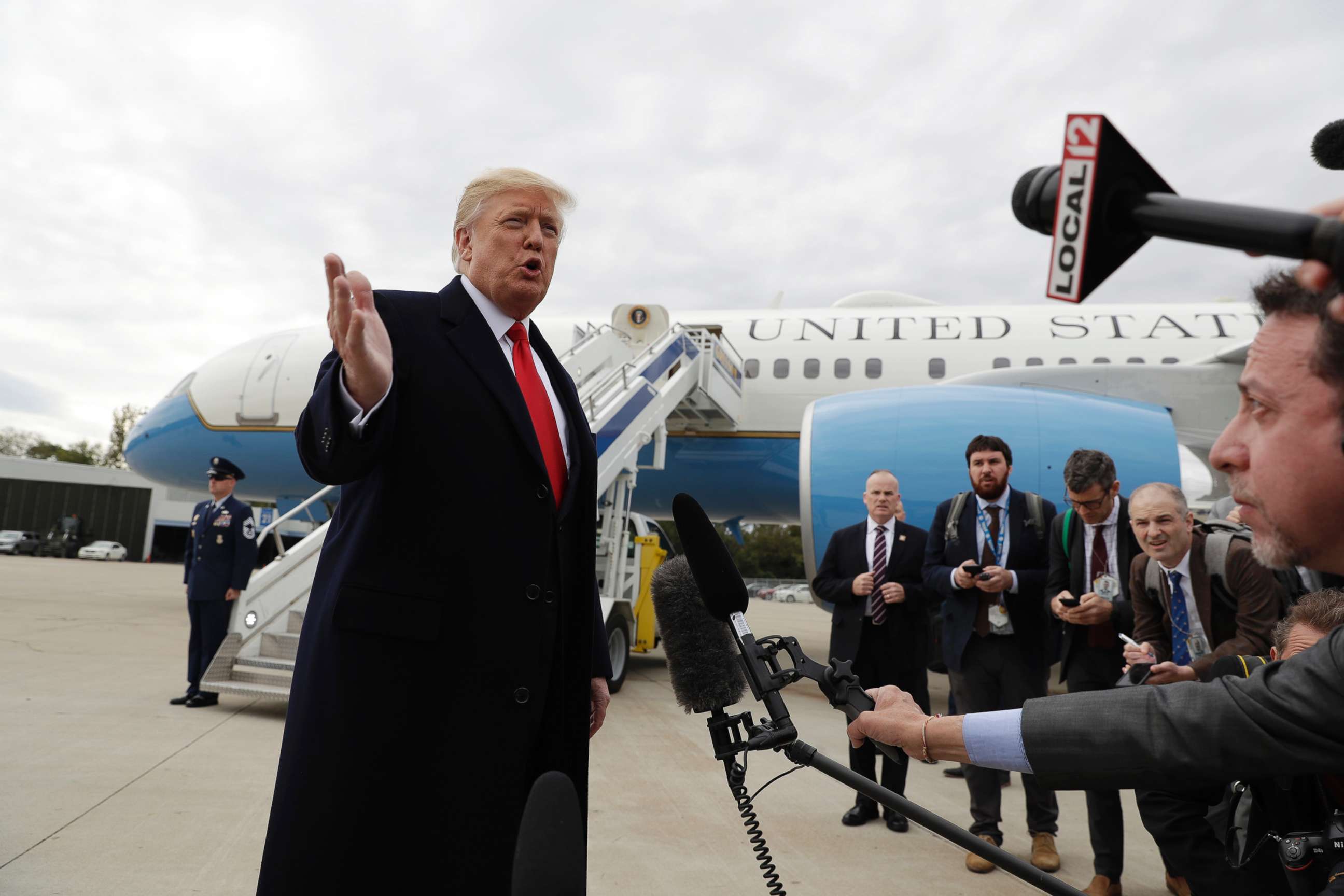 PHOTO: President Donald Trump delivers a statement on Pastor Andrew Brunson after landing at Cincinnati Municipal Lunken Airport, Oct. 12, 2018, in Cincinnati, Ohio.