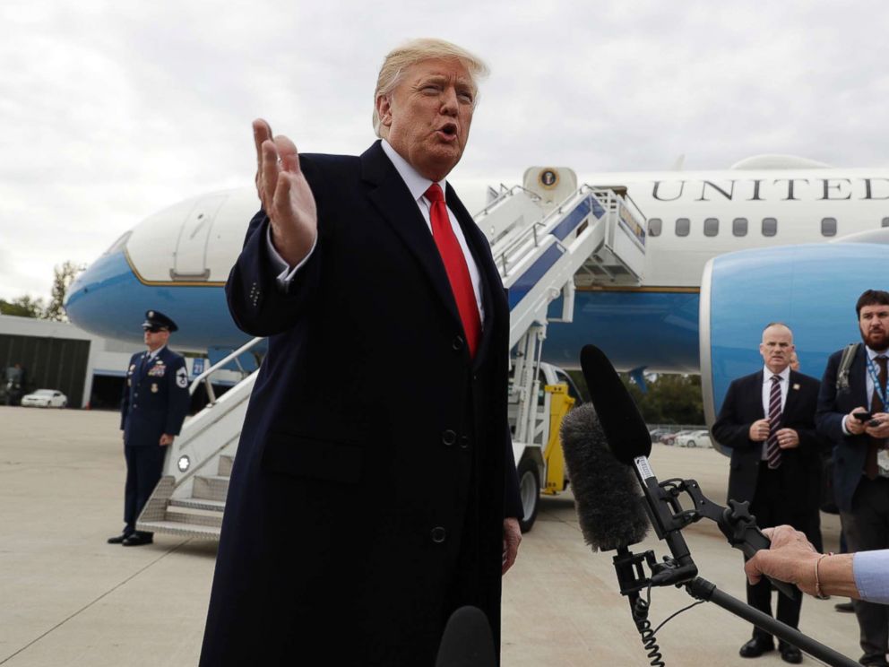 PHOTO: President Donald Trump delivers a statement on Pastor Andrew Brunson after landing at Cincinnati Municipal Lunken Airport, Oct. 12, 2018, in Cincinnati, Ohio.