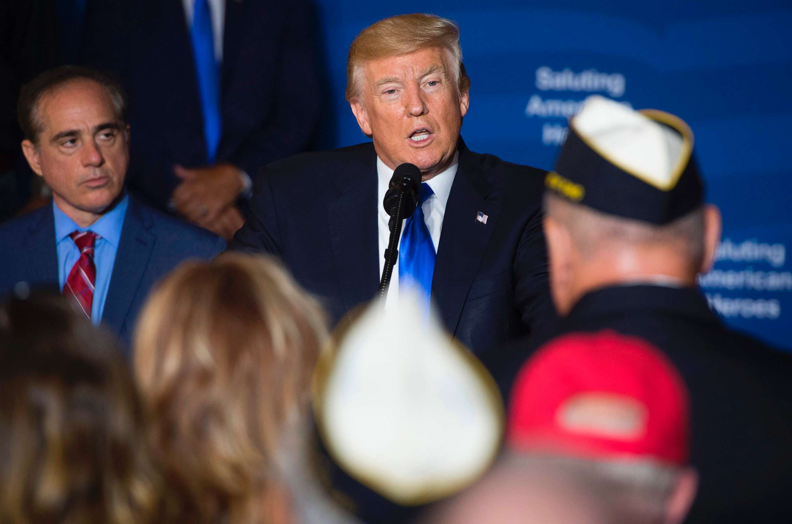 PHOTO: President Donald Trump speaks to military veterans during a visit to AMVETS Post 44 in Struthers, Ohio, July 25, 2017.