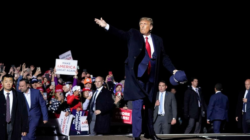 PHOTO:  President Donald Trump throws hats to supporters after speaking at a campaign rally at Duluth International Airport in Duluth, Minn., Sept. 30, 2020.