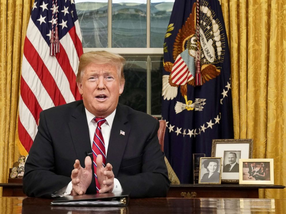 PHOTO: President Donald Trump delivers a televised address to the nation from his desk in the Oval Office at the White House in Washington, Jan. 8, 2019.