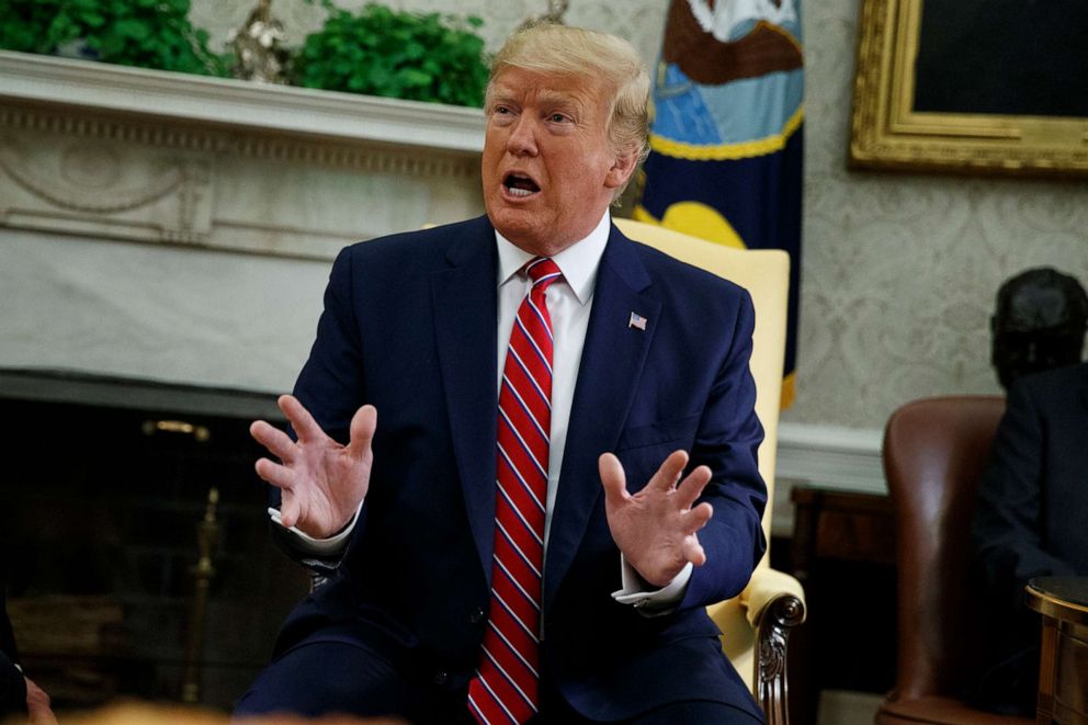 PHOTO: President Donald Trump speaks during a meeting with Polish President Andrzej Duda in the Oval Office of the White House, June 12, 2019, in Washington.