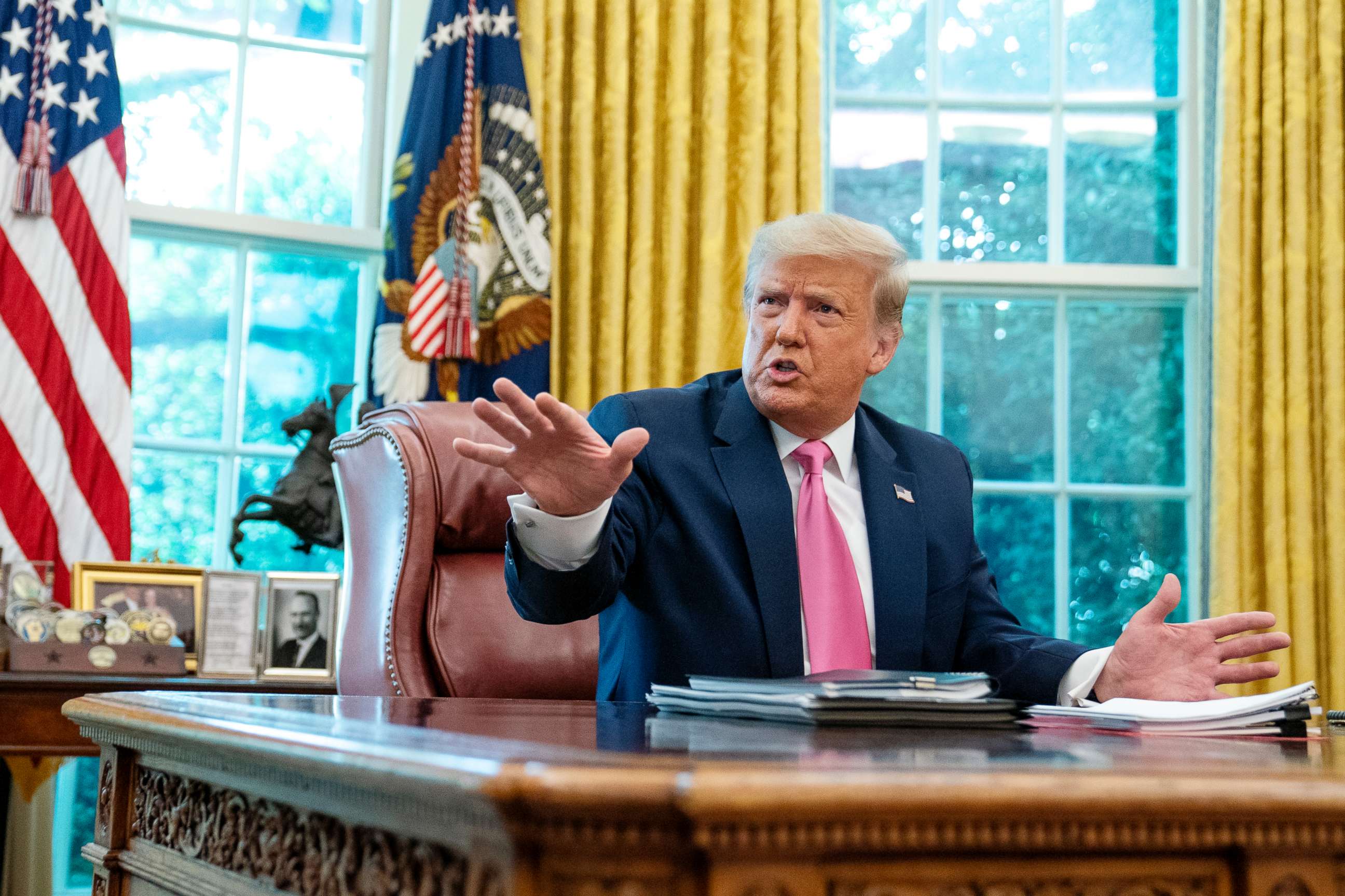 PHOTO: President Donald Trump speaks during a meeting in the Oval Office of the White House, July 20, 2020, in Washington.