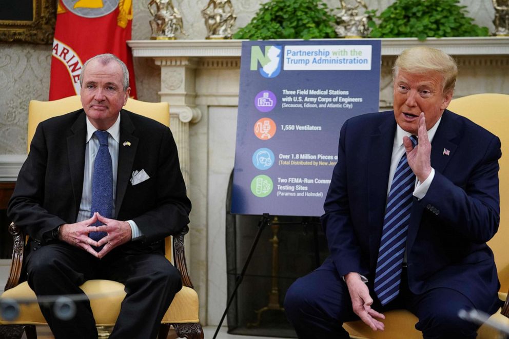 PHOTO: President Donald Trump meets with New Jersey Governor Phil Murphy in the Oval Office of the White House on April 30, 2020, in Washington.