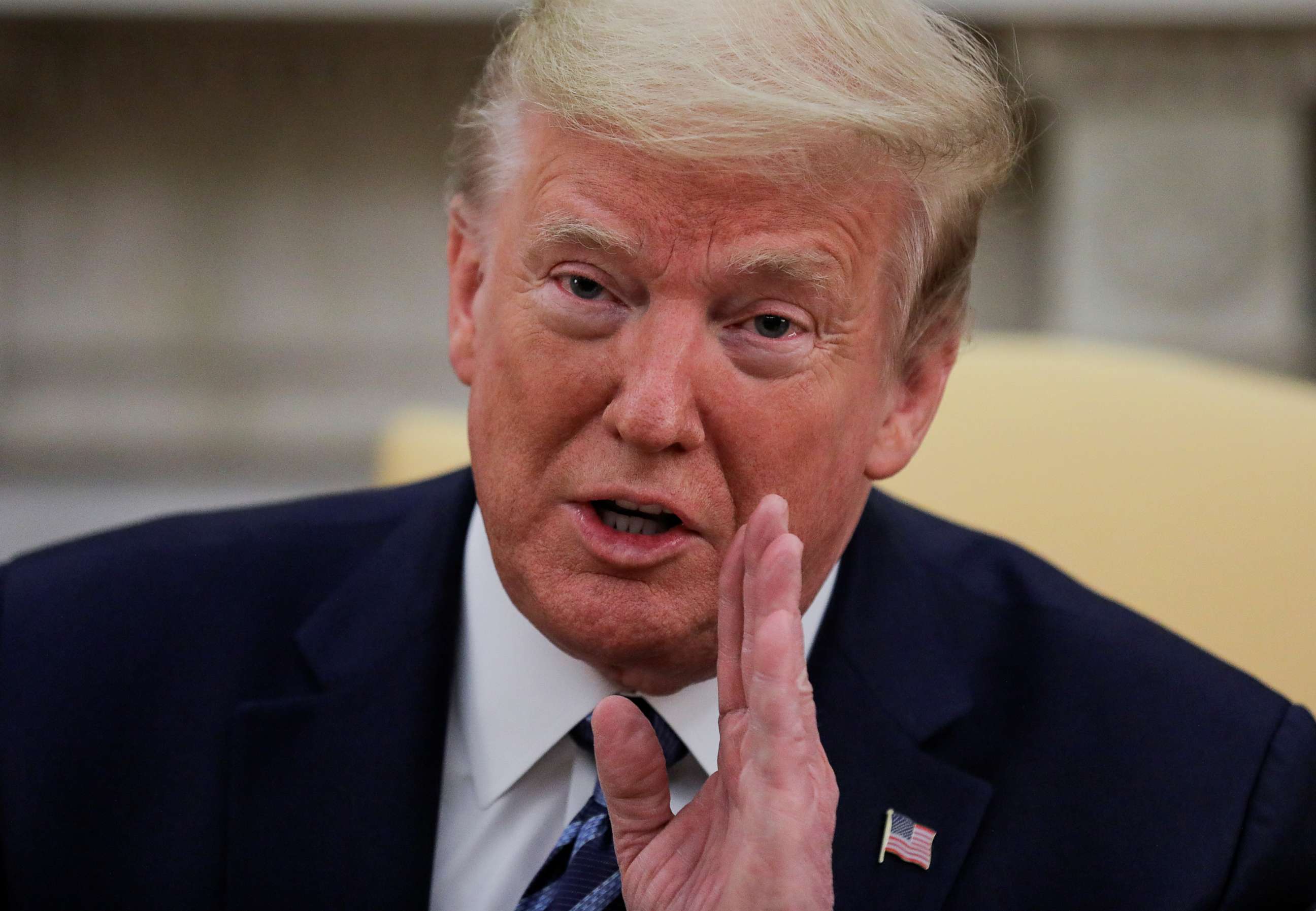 PHOTO: President Donald Trump speaks about the coronavirus response during a meeting with New Jersey Governor Phil Murphy in the Oval Office at the White House in Washington, April 30, 2020.