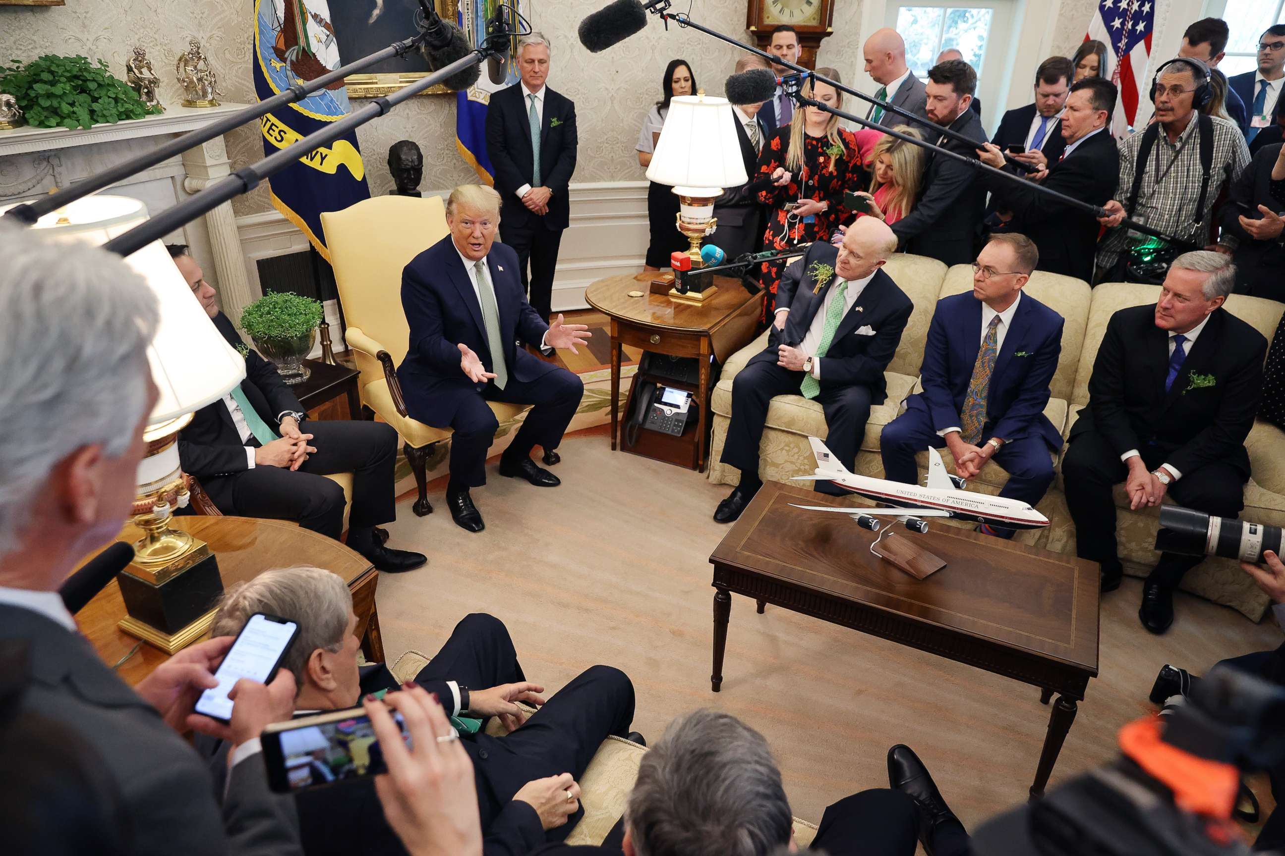 PHOTO: President Donald Trump and Prime Minister of Ireland Leo Varadkar talk to journalists before their meeting in the Oval Office at the White House, March 12, 2020, in Washington.
