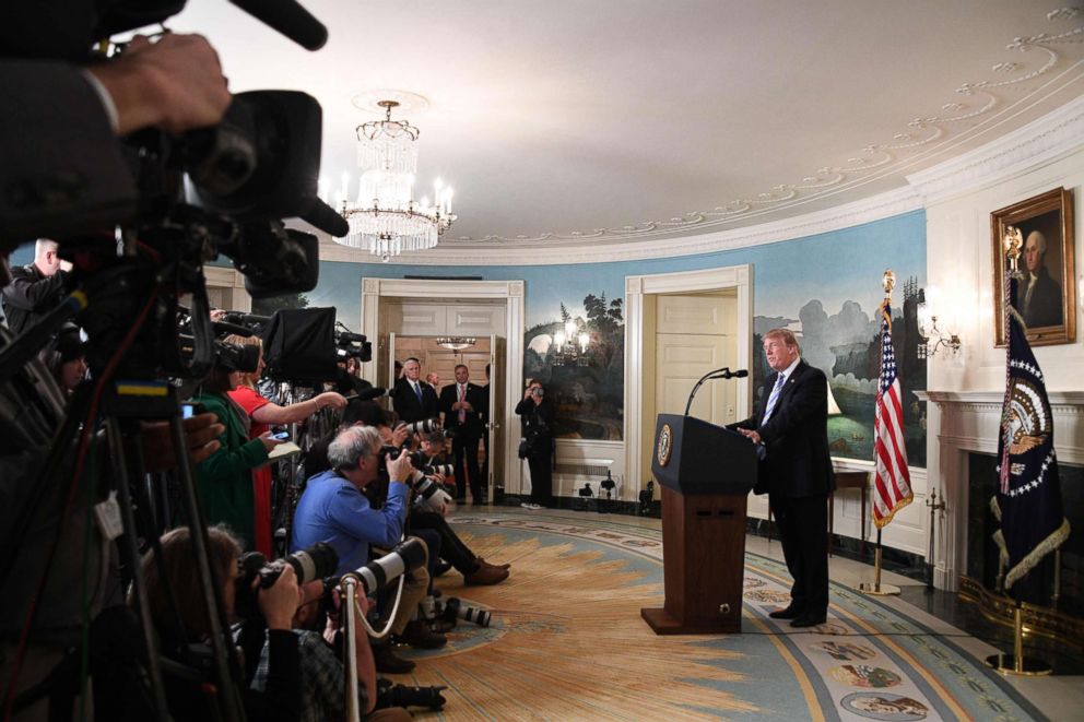 PHOTO: President Donald Trump speaks on the Florida school shooting in the Diplomatic Reception Room of the White House, Feb. 15, 2018, in Washington, D.C.