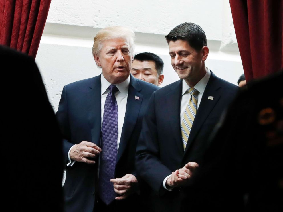 PHOTO: President Donald Trump walks with House Speaker Paul Ryan on Nov. 16, 2017, as they leave a meeting with House Republicans on Capitol Hill.