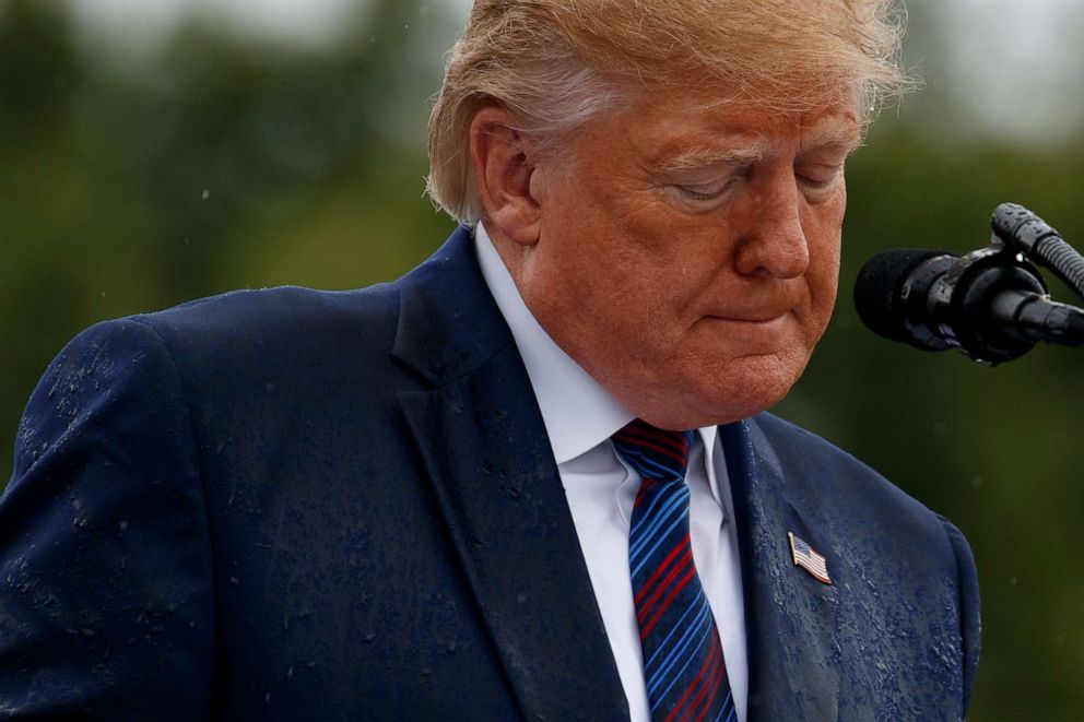 PHOTO: President Donald Trump speaks during an Armed Forces welcome ceremony for the new chairman of the Joint Chiefs of Staff, Gen. Mark Milley, Monday, Sept. 30, 2019, at Joint Base Myer-Henderson Hall, Va.