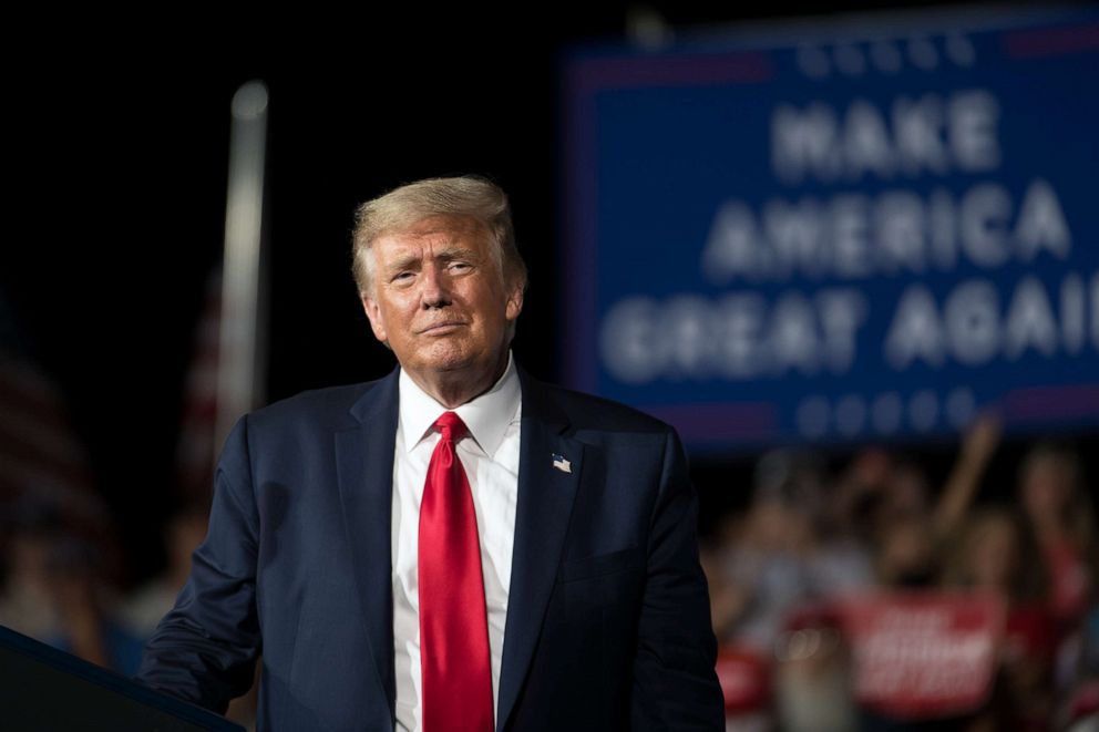 PHOTO: President Donald Trump addresses the crowd during a campaign rally in Winston Salem, N.C., Sept. 8, 2020