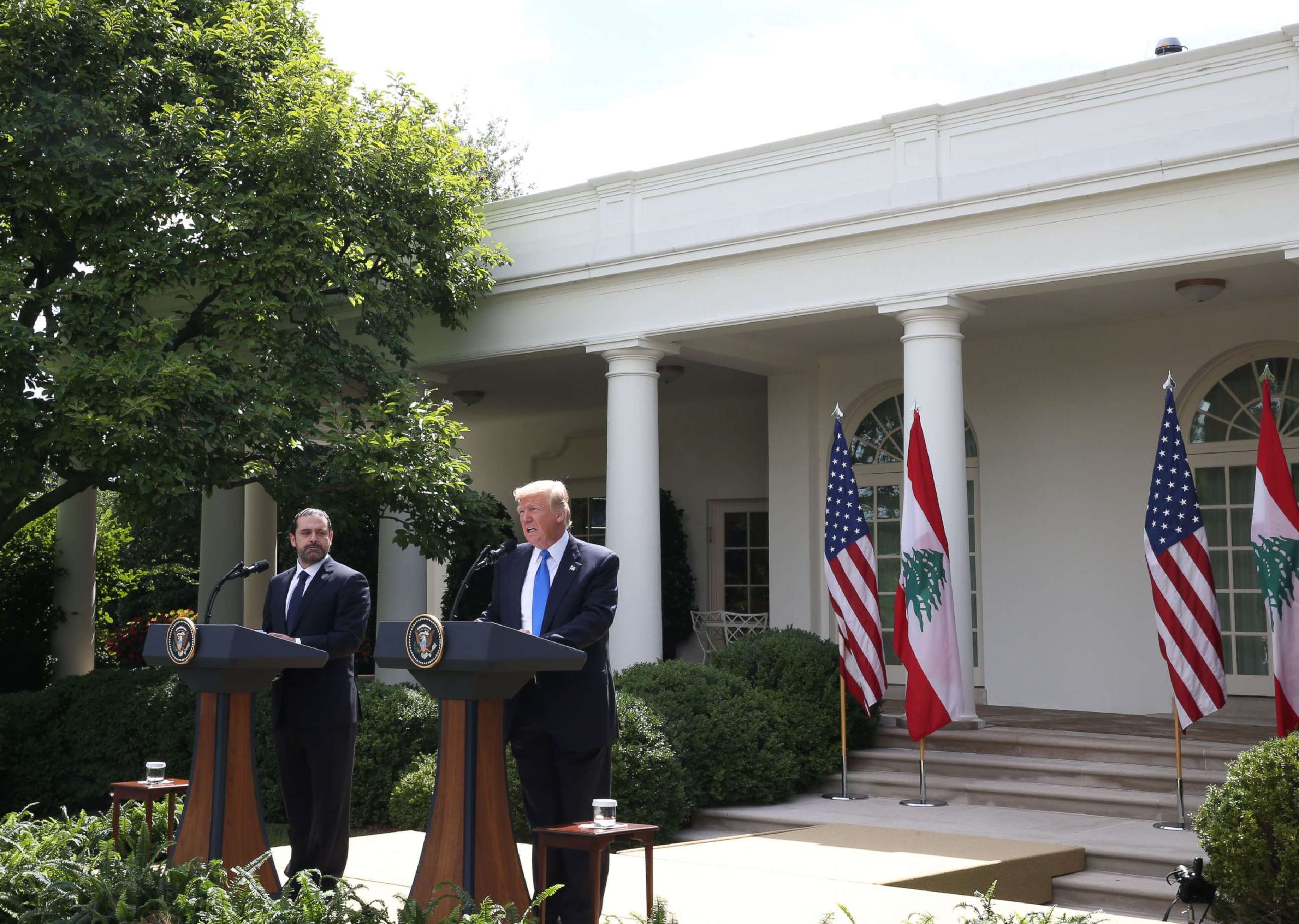 PHOTO: President Donald Trump holds a news conference with Prime Minister of Lebanon Saad Hariri, in the Rose Garden at the White House on July 25, 2017 in Washington.