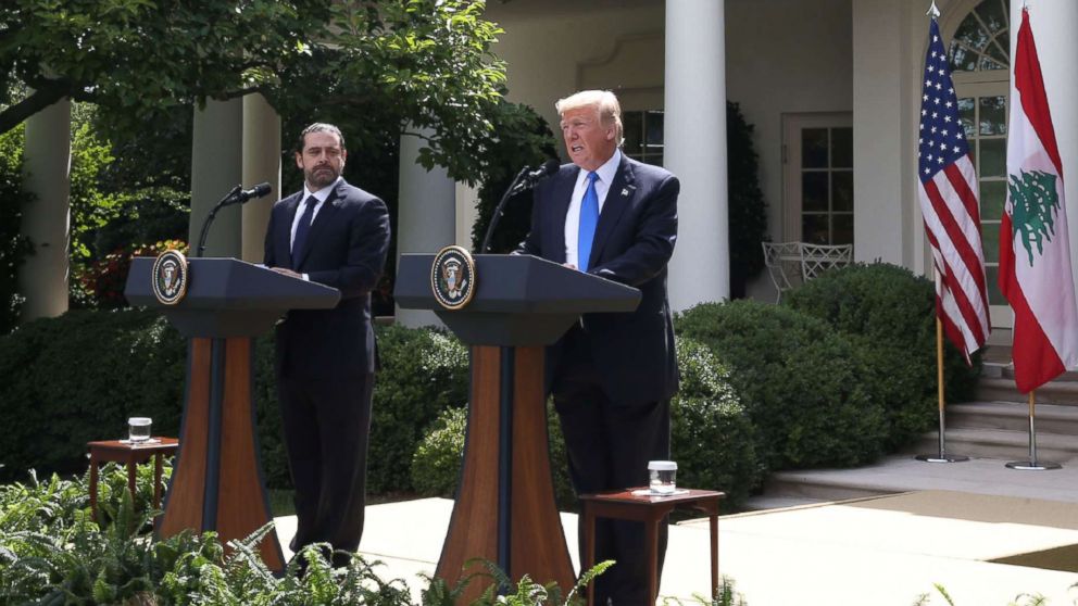 PHOTO: President Donald Trump holds a news conference with Prime Minister of Lebanon Saad Hariri, in the Rose Garden at the White House on July 25, 2017 in Washington.