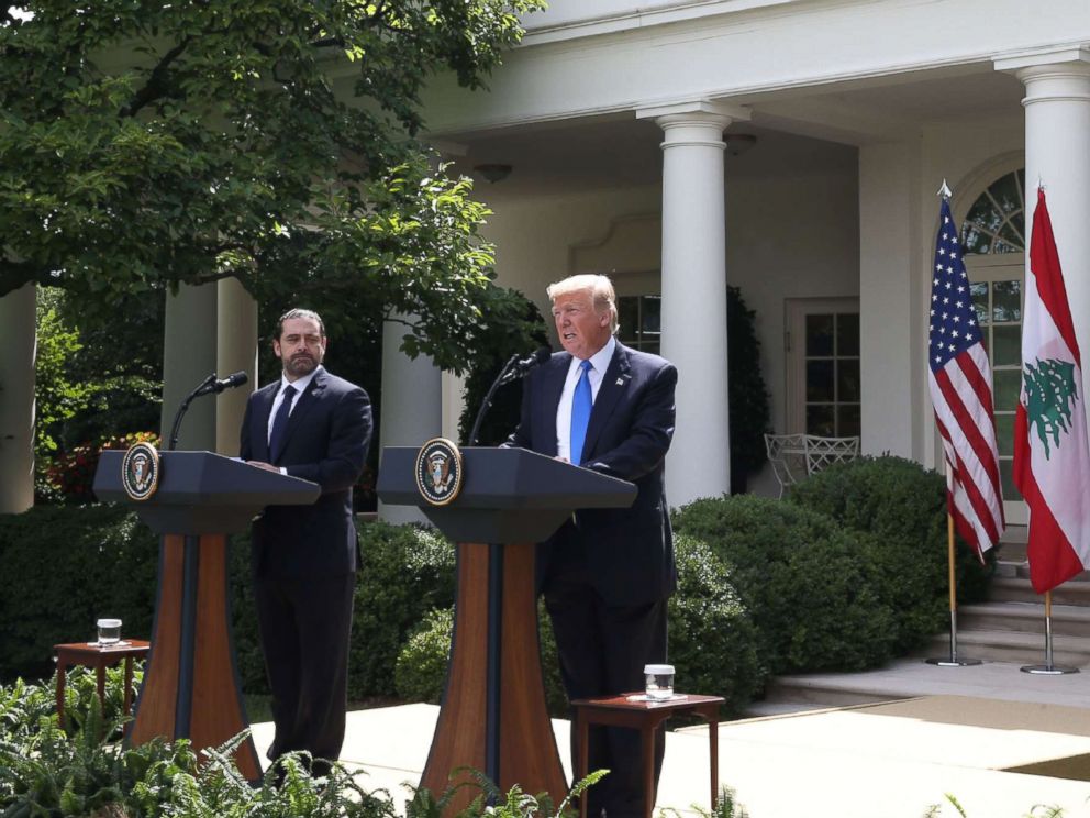 PHOTO: President Donald Trump holds a news conference with Prime Minister of Lebanon Saad Hariri, in the Rose Garden at the White House on July 25, 2017 in Washington.