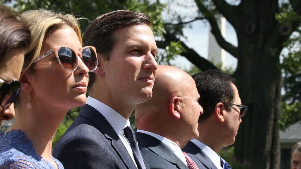 PHOTO: Ivanka Trump and Jared Kushner listen as President Donald Trump holds a news conference with Prime Minister of Lebanon Saad Hariri, in the Rose Garden at the White House on July 25, 2017.