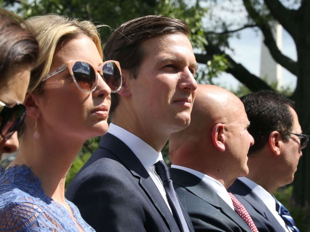 PHOTO: Ivanka Trump and Jared Kushner listen as President Donald Trump holds a news conference with Prime Minister of Lebanon Saad Hariri, in the Rose Garden at the White House on July 25, 2017.