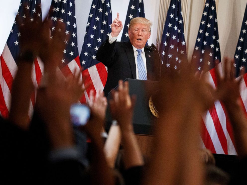 PHOTO: President Donald Trump speaks during a news conference at the Lotte New York Palace hotel during the United Nations General Assembly, Sept. 26, 2018, in New York.