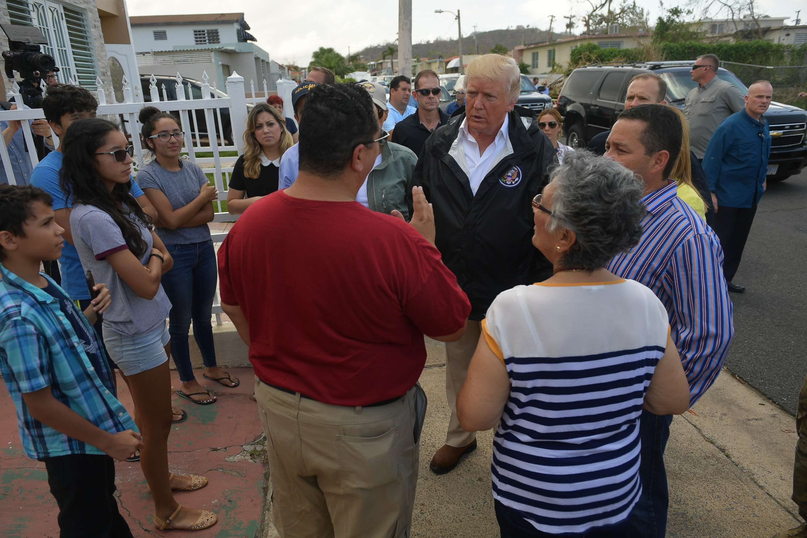 PHOTO: President Donald Trump and First Lady Melania Trump visit residents affected by Hurricane Maria in Guaynabo, west of San Juan, Puerto Rico, Oct. 3, 2017.