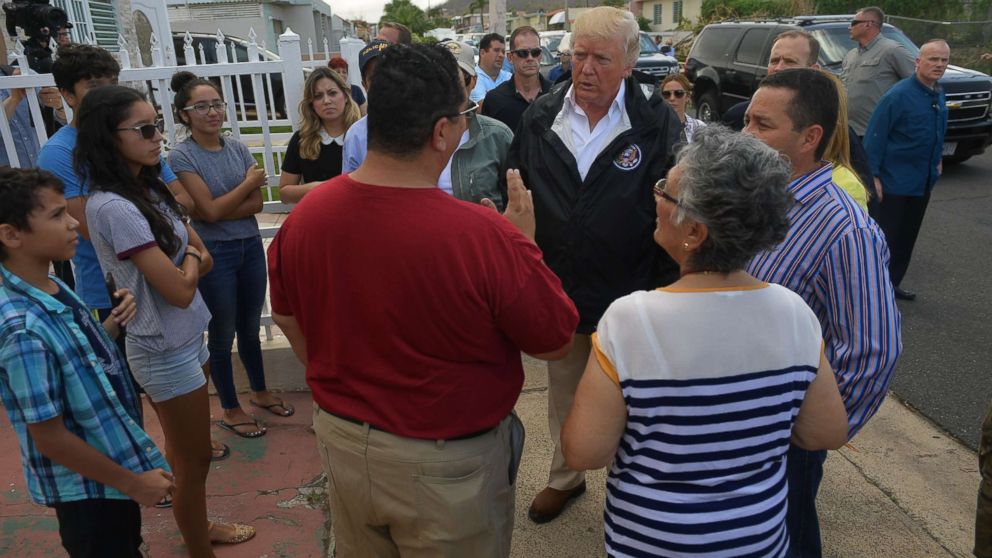 PHOTO: President Donald Trump and First Lady Melania Trump visit residents affected by Hurricane Maria in Guaynabo, west of San Juan, Puerto Rico, Oct. 3, 2017.