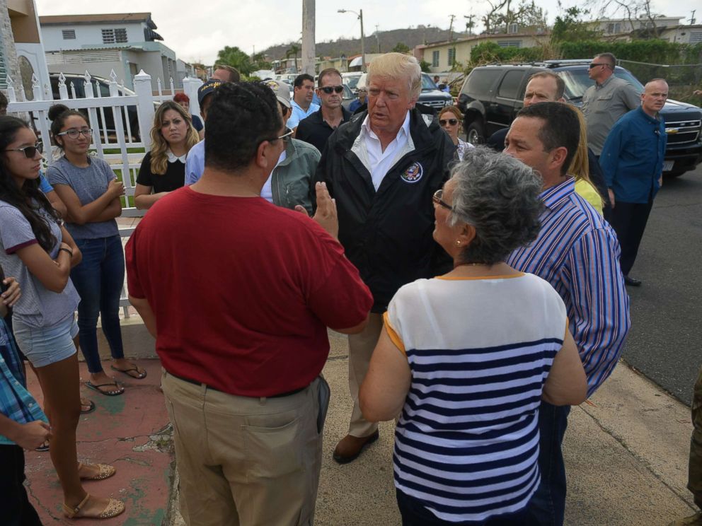 PHOTO: President Donald Trump and First Lady Melania Trump visit residents affected by Hurricane Maria in Guaynabo, west of San Juan, Puerto Rico, on October 3, 2017.