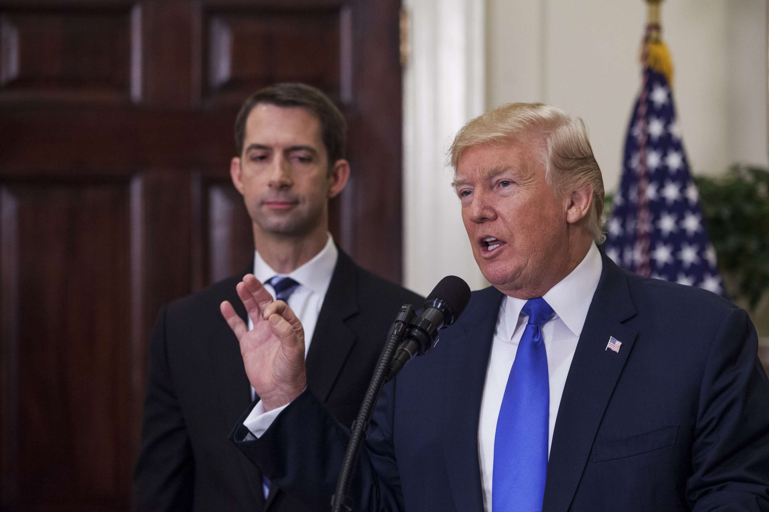 PHOTO: President Donald Trump makes an announcement on the introduction of the Reforming American Immigration for a Strong Economy (RAISE) Act in the Roosevelt Room at the White House, Aug. 2, 2017 in Washington.