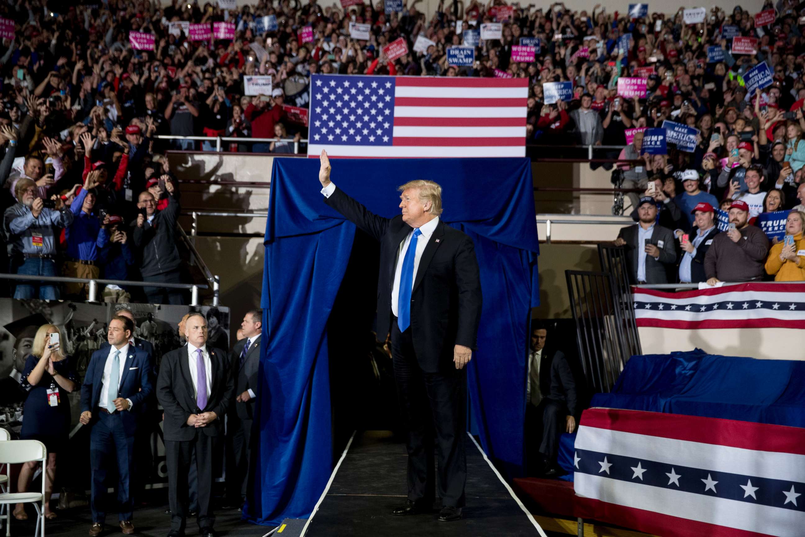 PHOTO: President Donald Trump takes the stage at a rally at Alumni Coliseum in Richmond, Ky., Oct. 13, 2018.
