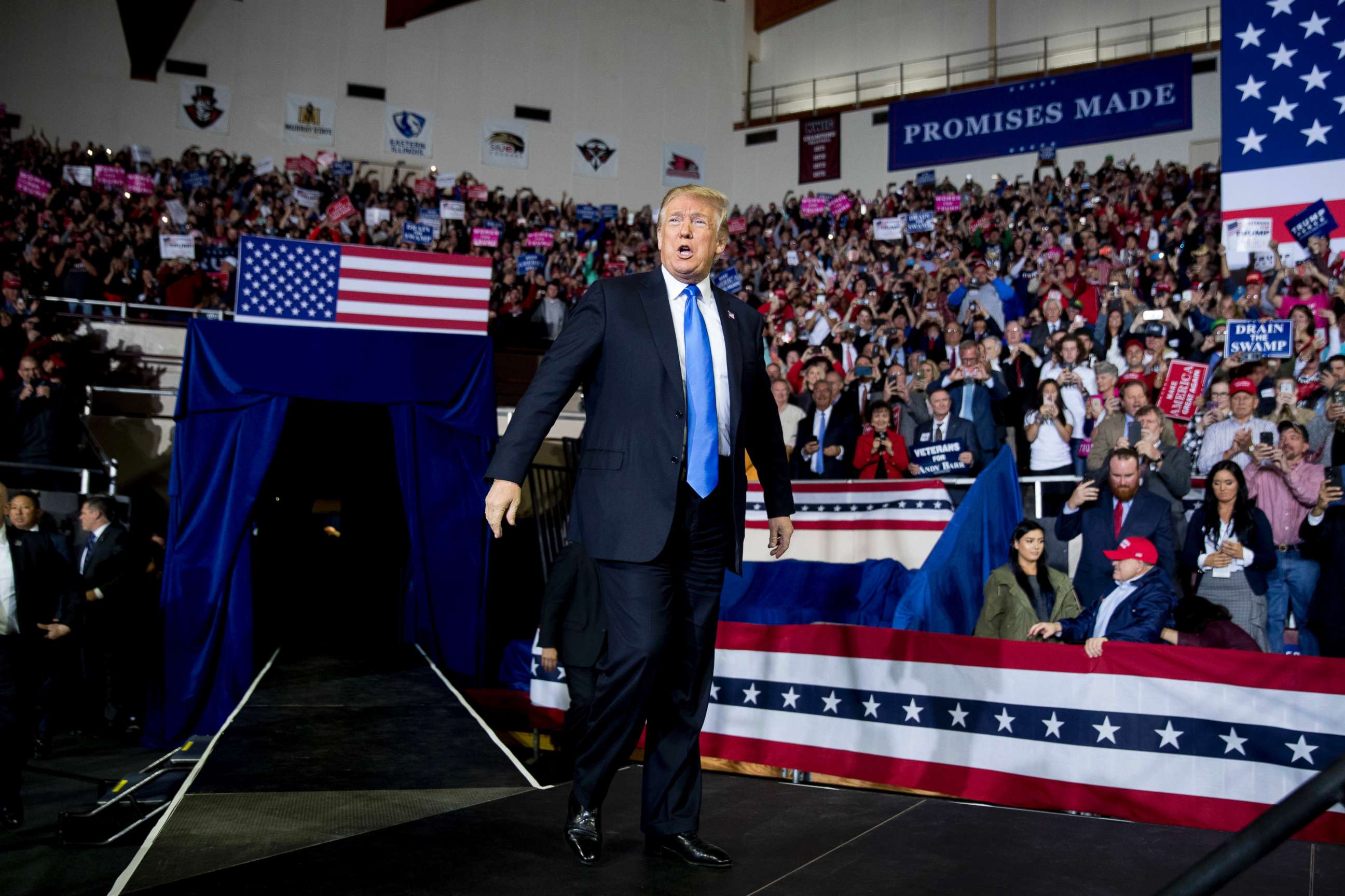 PHOTO: President Donald Trump takes the stage at a rally at Alumni Coliseum in Richmond, Ky., Oct. 13, 2018.