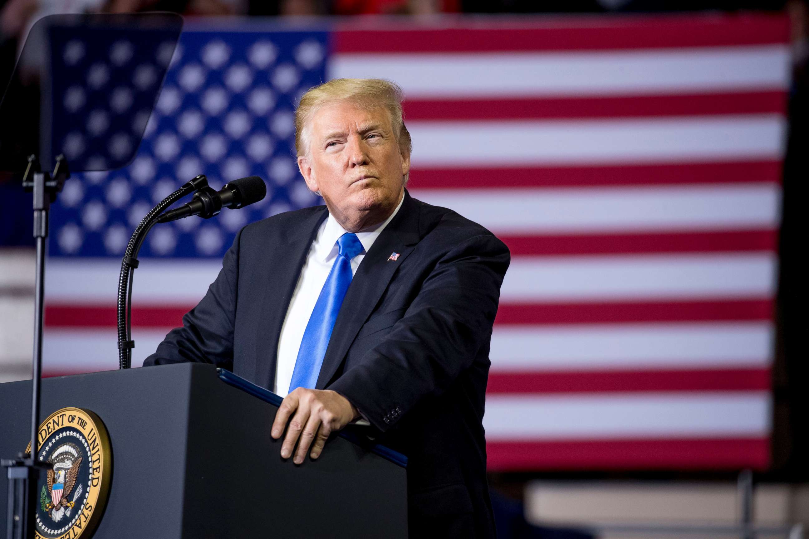 PHOTO: President Donald Trump pauses while speaking at a rally at Alumni Coliseum in Richmond, Ky., Oct. 13, 2018.