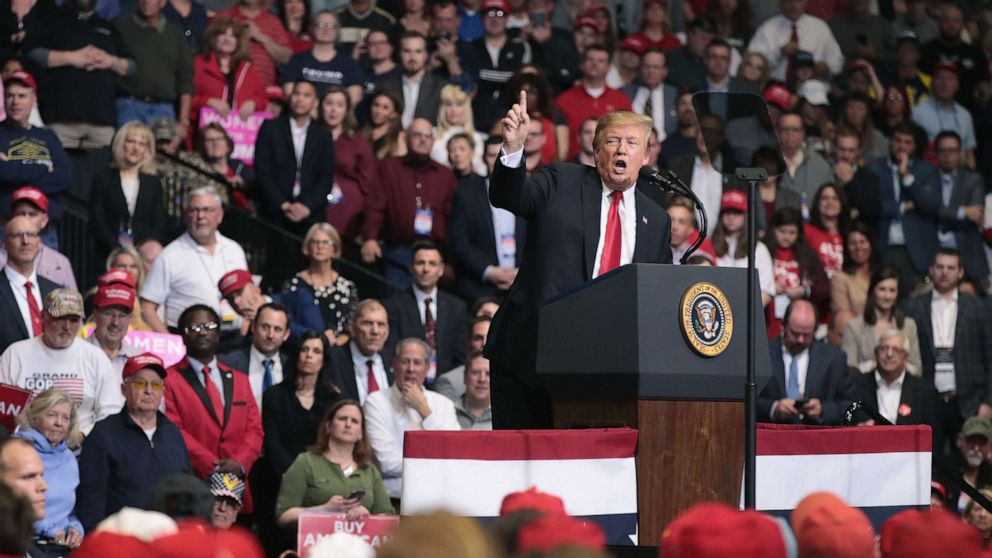 PHOTO: President Donald Trump speaks to supporters during a rally at the Van Andel Arena on March 28, 2019, in Grand Rapids, Mich.