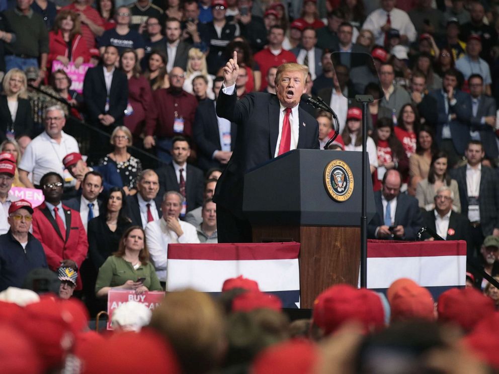 PHOTO: President Donald Trump speaks to supporters during a rally at the Van Andel Arena on March 28, 2019, in Grand Rapids, Mich.