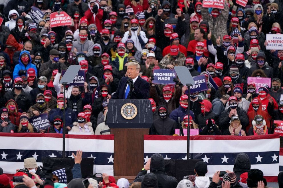PHOTO: President Donald Trump speaks during a campaign rally, Oct. 27, 2020, in Lansing, Mich.