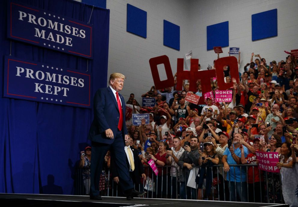 PHOTO: President Donald Trump arrives to speak at a rally at Olentangy Orange High School in Lewis Center, Ohio, Aug. 4, 2018.