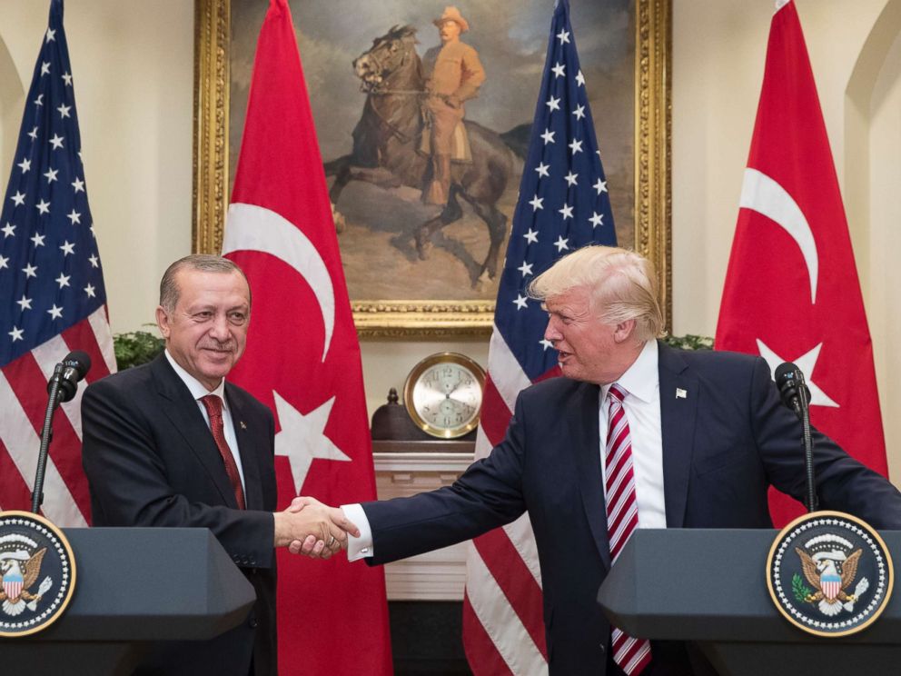 PHOTO: President Donald Trump shakes hands with President of Turkey Recep Tayyip Erdogan in the Roosevelt Room where they issued a joint statement following their meeting at the White House, May 16, 2017, in Washington, DC.