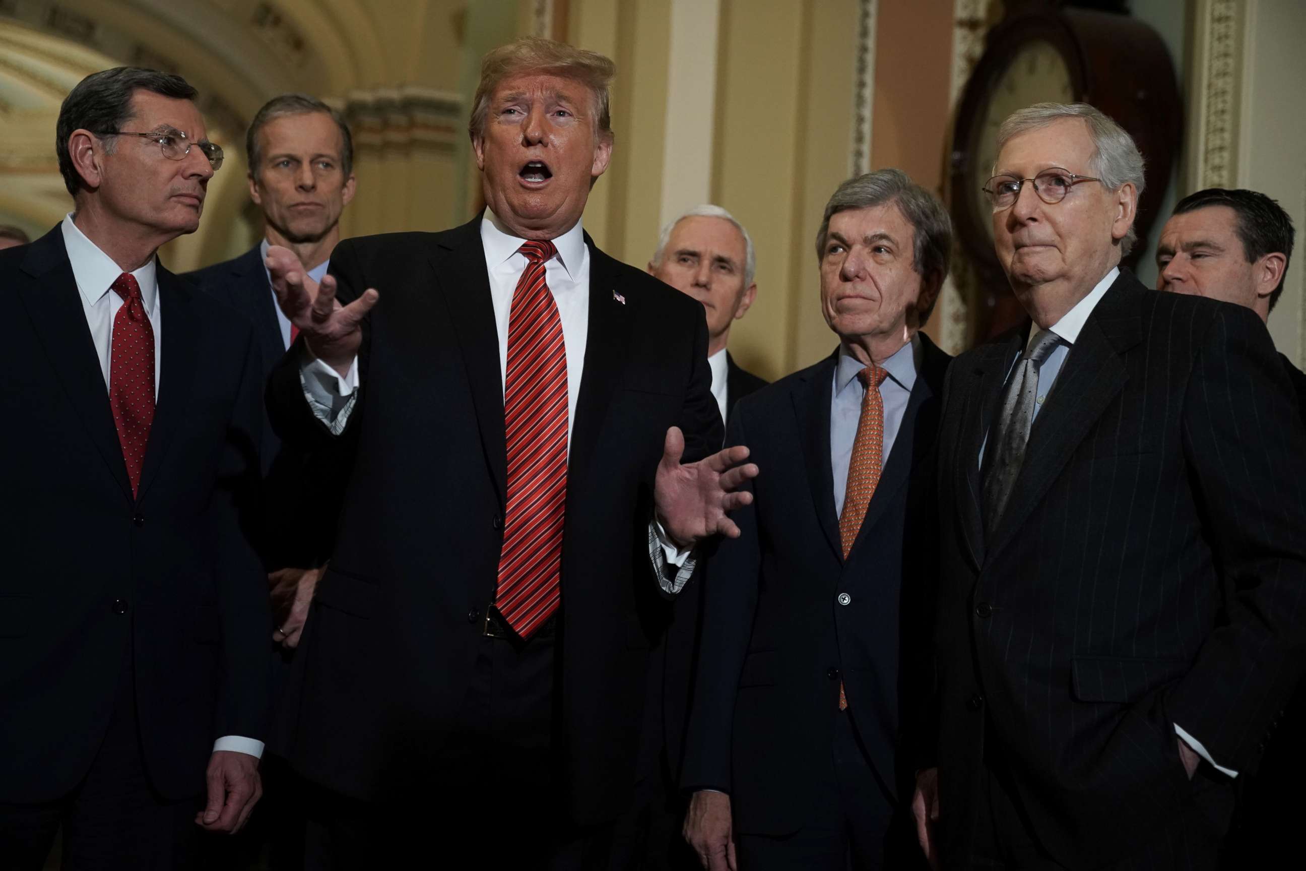 PHOTO: President Donald Trump speaks as Sen. John Barrasso, Sen. John Thune, Vice President Mike Pence, Sen. Roy Blunt, Senate Majority Leader Sen. Mitch McConnell and Sen. Todd Young listen at the U.S. Capitol, Jan. 09, 2019 in Washington.