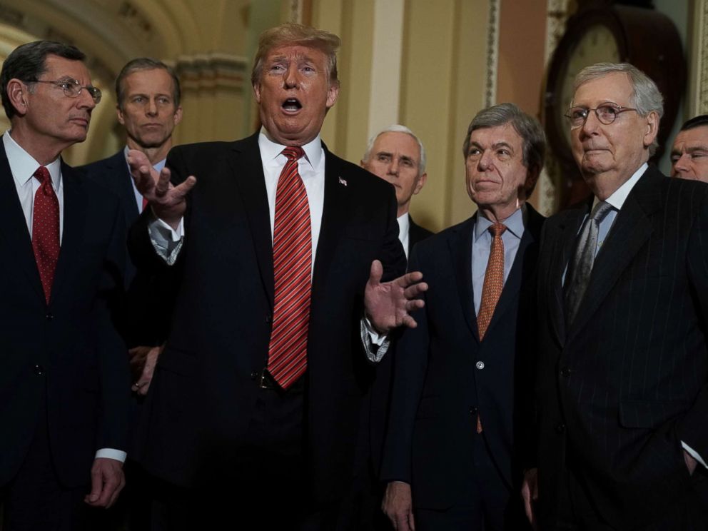 PHOTO: President Donald Trump speaks as Sen. John Barrasso, Sen. John Thune, Vice President Mike Pence, Sen. Roy Blunt, Senate Majority Leader Sen. Mitch McConnell and Sen. Todd Young listen at the U.S. Capitol, Jan. 09, 2019 in Washington.
