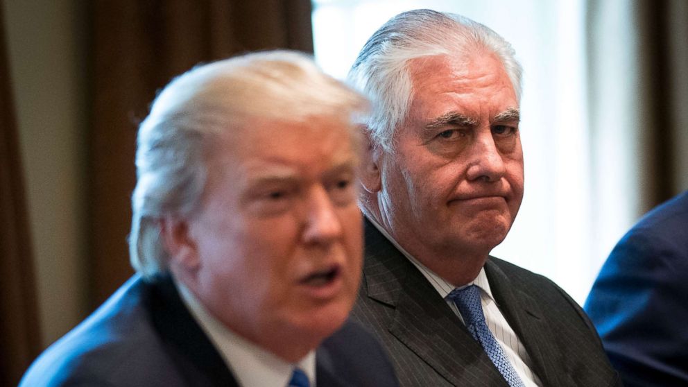 PHOTO: Secretary of State Rex Tillerson listens as President Donald Trump speaks during a meeting in the Cabinet Room of the White House in Washington, Sept. 12, 2017.