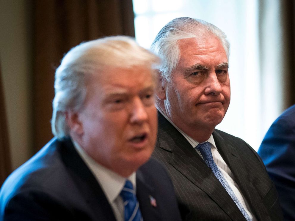 PHOTO: Secretary of State Rex Tillerson listens as President Donald Trump speaks during a meeting in the Cabinet Room of the White House in Washington, Sept. 12, 2017.
