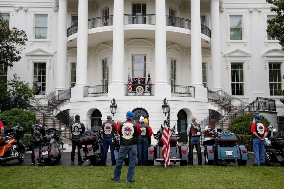 PHOTO: President Donald Trump speaks during a "Rolling to Remember Ceremony," to honor the nation's veterans and POW/MIA, from the Truman Balcony of the White House, May 22, 2020, in Washington.