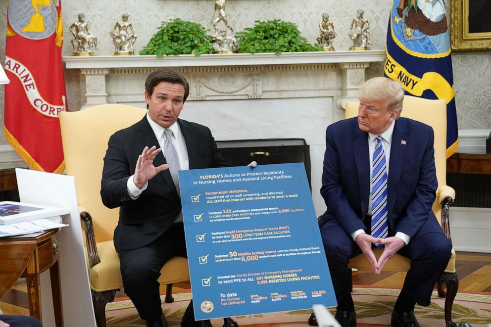 PHOTO: President Donald Trump listens as Florida Governor Ron DeSantis holds up a sign during a meeting in the Oval Office of the White House in Washington, April 28, 2020.