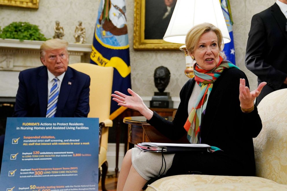 PHOTO: President Donald Trump listens as Dr. Deborah Birx, White House coronavirus response coordinator, speaks during a meeting in the Oval Office of the White House, April 28, 2020, in Washington.