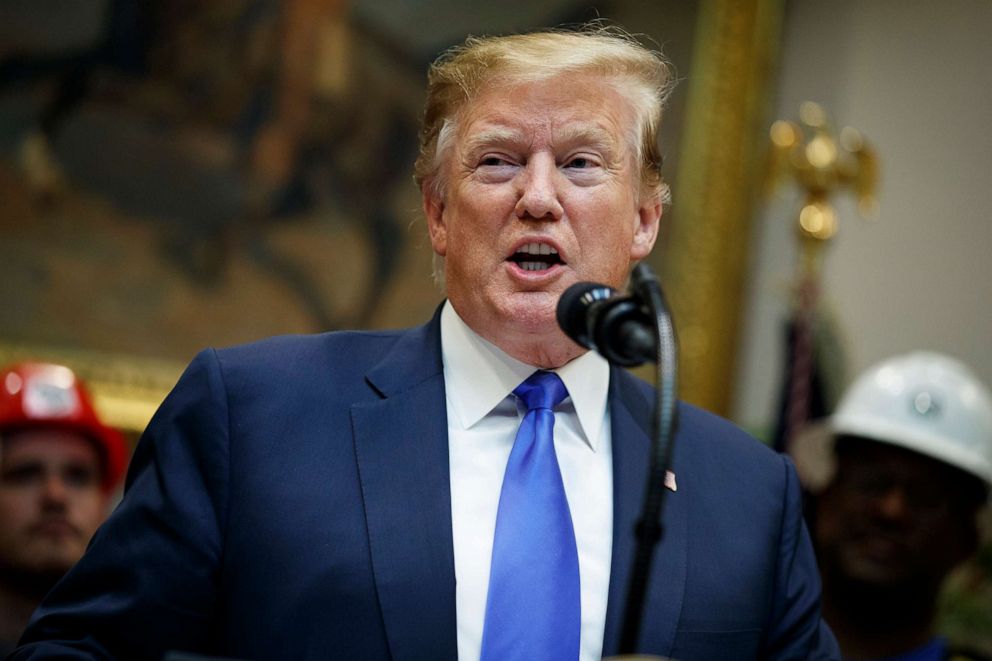 PHOTO: President Donald Trump delivers remarks during an event in the Roosevelt Room of the White House, April 12, 2019.