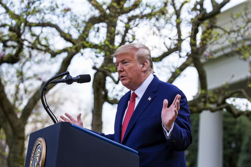 PHOTO: President Donald Trump speaks in the Rose Garden for the daily coronavirus briefing at the White House on March 29, 2020, in Washington.