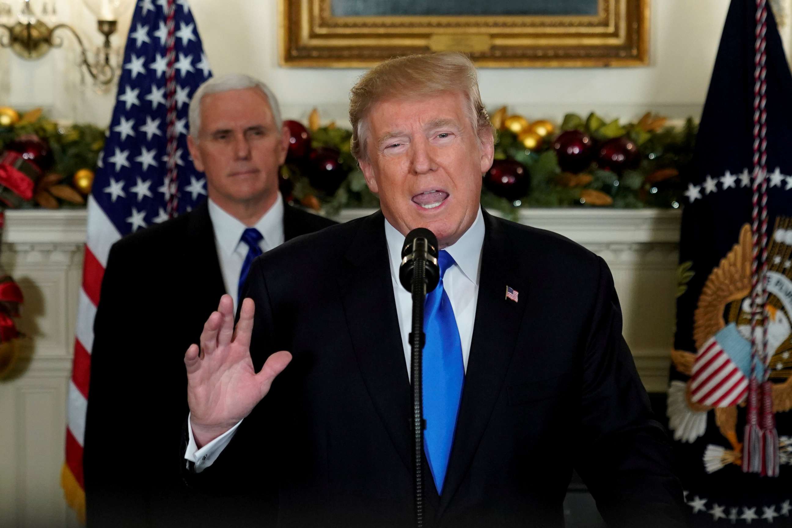 PHOTO: President Donald Trump, flanked by Vice President Mike Pence, delivers remarks recognizing Jerusalem as the capital of Israel at the White House in Washington, D.C., Dec. 6, 2017.  