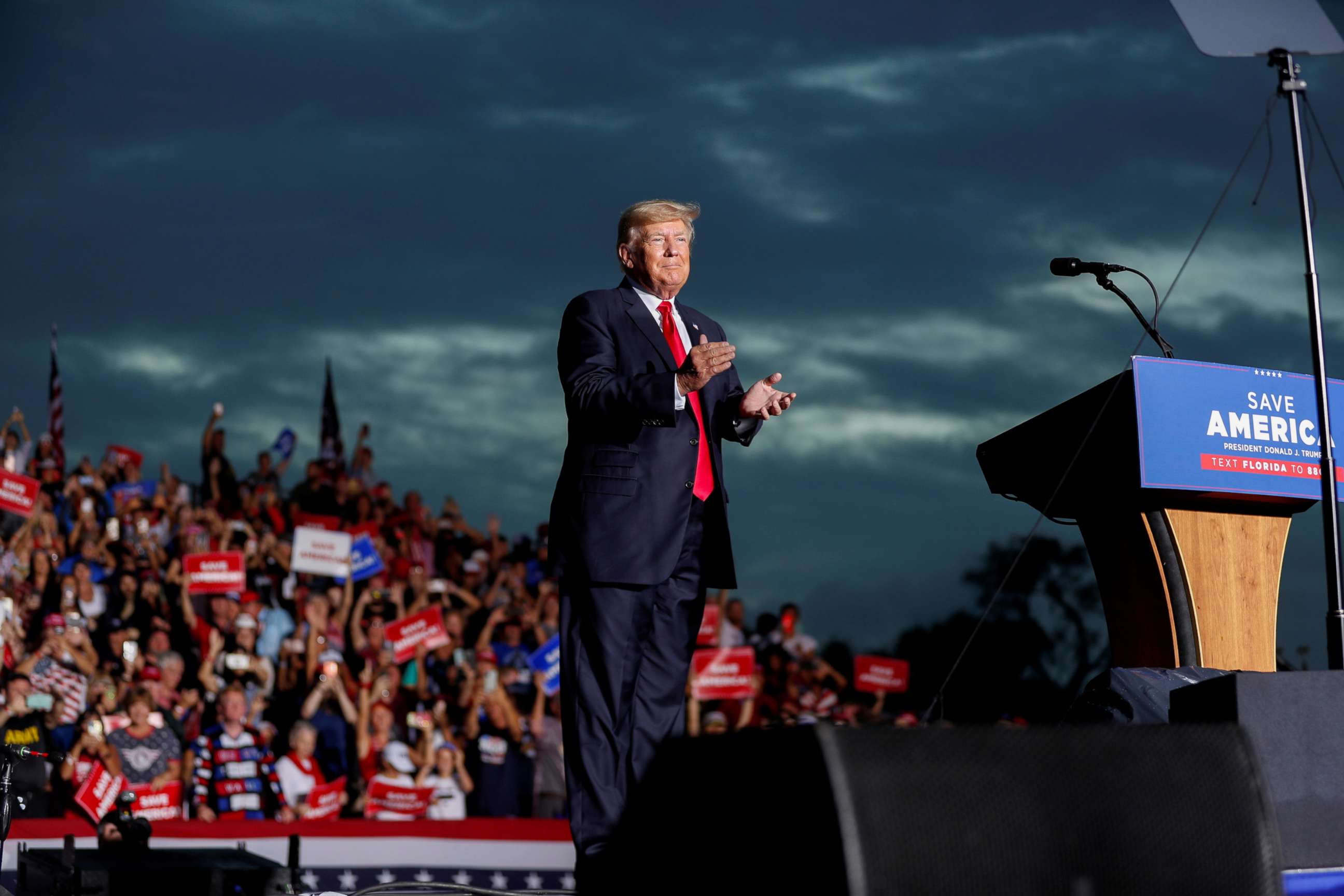 PHOTO: Former President Donald Trump arrives at the Sarasota Fairgrounds to speak to his supporters during the Save America Rally in Sarasota, Fla., July 3, 2021.